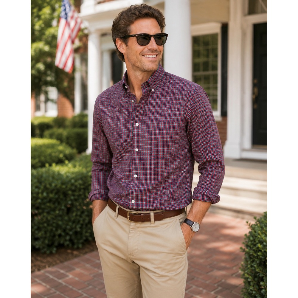 Lands End Men 16-35 Red Navy Green Plaid No Iron Cotton Button Down Shirt Preppy